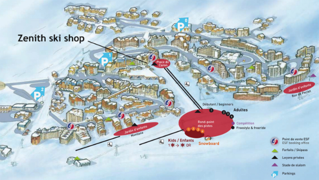 Val Thorens ski hire and snowboard hire booking, location of Zenith ski shop, Val Thorens