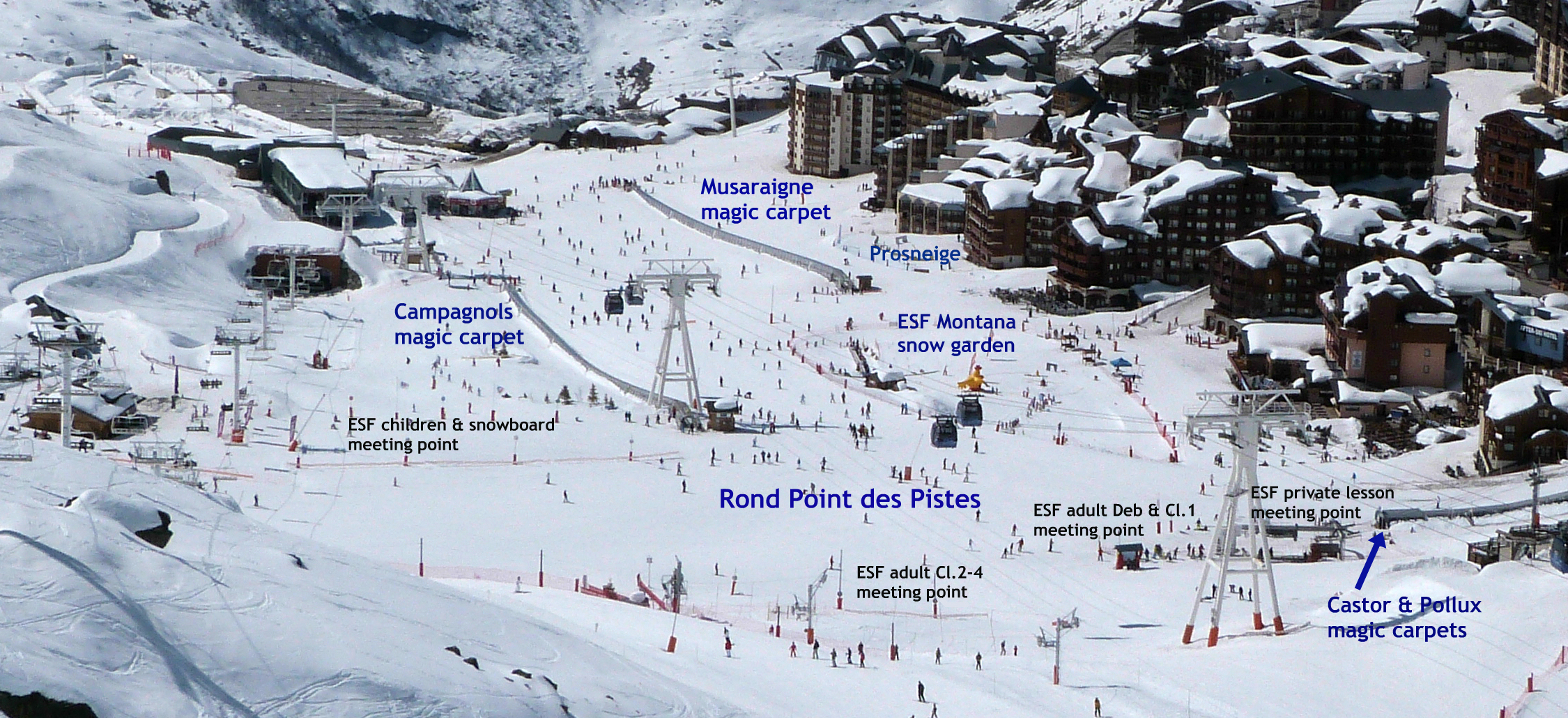 Beginners area and lesson meeting points in Val Thorens