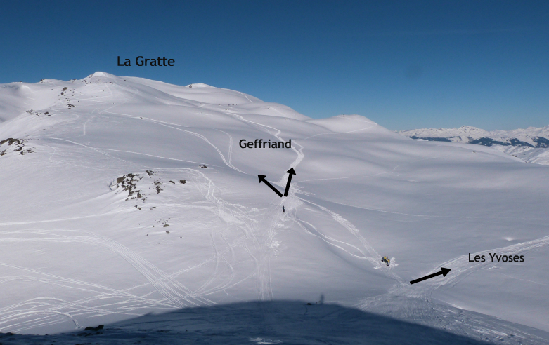 Photo showing routes up La Gratte Photo showing routes up La Gratte