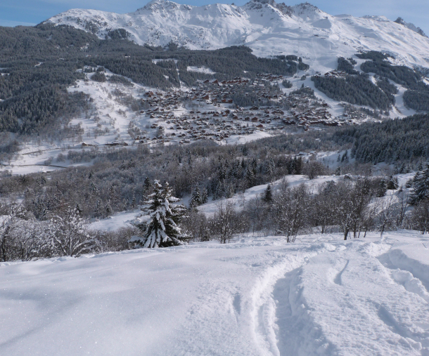 Meribel view Three Valleys off piste itineraries, Raffort - view of Meribel