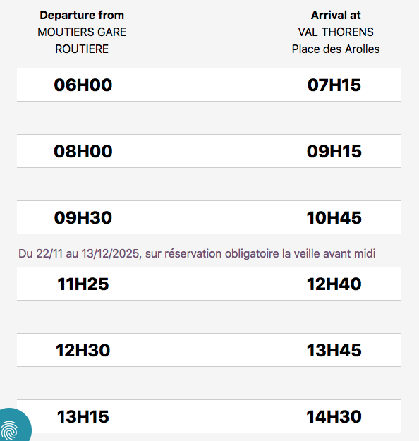 Moutiers Val Thorens bus timetable