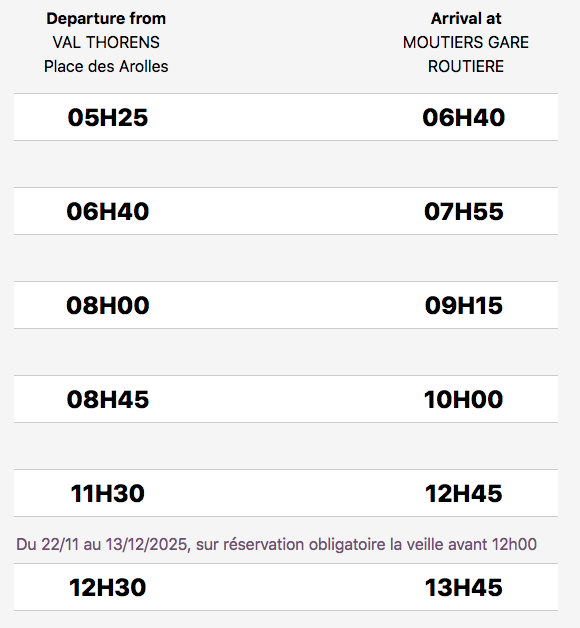 Moutiers Val Thorens bus timetable