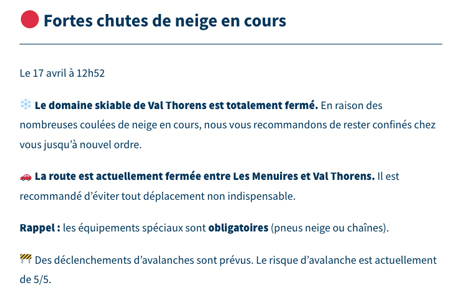 Val Thorens Tourist Office alert 17th April 2025