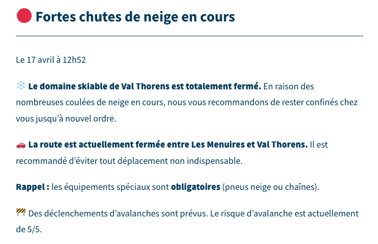 Val Thorens Tourist Office alert 17th April 2025